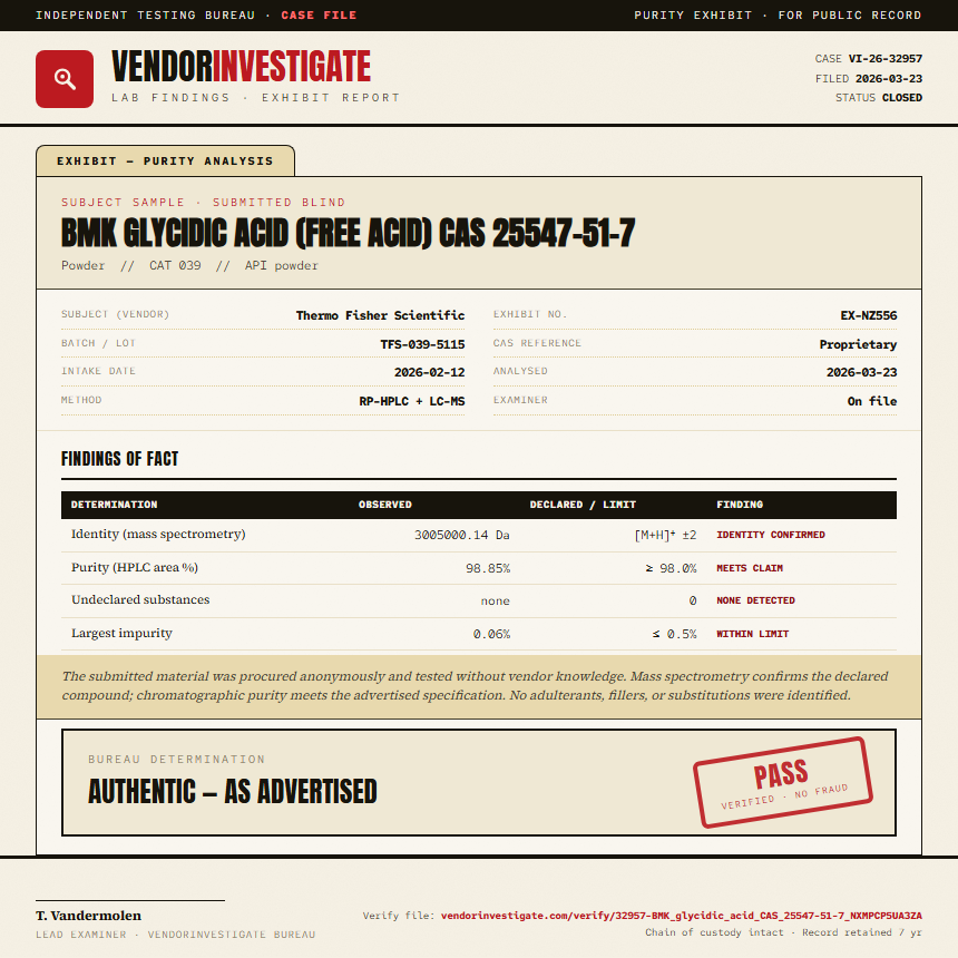 BMK glycidic acid (free acid) CAS 25547-51-7 Purity (HPLC) report by VendorInvestigate