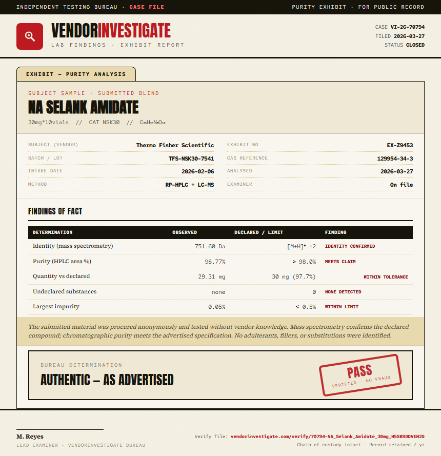 NA Selank Amidate Purity (HPLC) report by VendorInvestigate